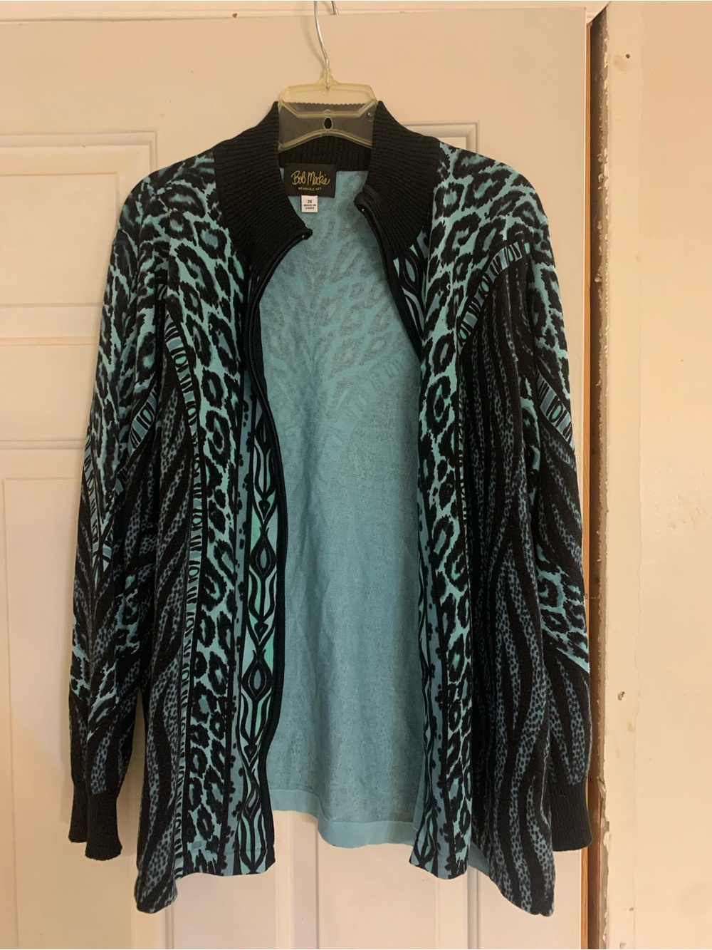 Bob Mackie Black and Aqua Patterned zip up Cardigan